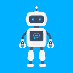 Robot vector illustration in flat design style. Cute cartoon chatbot concept. Modern flat style bot symbol. Future smart assistant robot. Vector modern character illustration