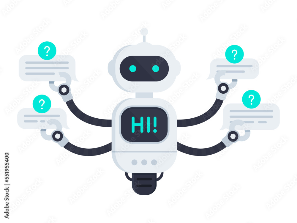 Poster robot isolated on white. chat bot holds speech bubbles. bot say hi on screen and has one singular wh