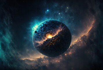 Naklejka na ściany i meble Background of a starry night sky with an abstract planet and nebula. Generative AI