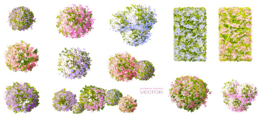 Vector watercolor blooming flower,tree or forest top view isolated on white background for landscape plan and architecture drawing,elements for environment and garden,botanical in spring © Chanya_B