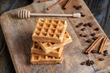 soft sweet waffles on the table, close up