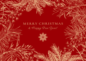 Magic frame with fir and pine branches, cones, dried grasses. Holiday botanical illustration. Vector christmas card. Red background and golden pattern. Sketch.