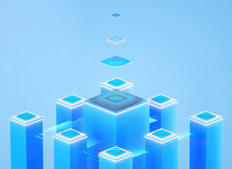 3D rendering of cyberpunk AI. Circuit board. Technology background. Central Computer Processors CPU and GPU concept. Motherboard digital chip. Tech science background.