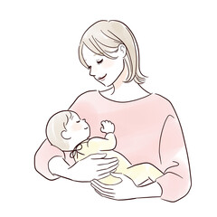 寝ている赤ちゃんを抱っこする笑顔のママ