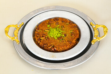 Turkish Dessert Sobiyet  Baklava, mussels baklava and classic baklava with Pistachio . Cevizli, Fistikli Baklava, top view.