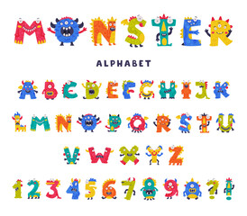Monster Alphabet with Cute Abc Capital Letters and Numbers Vector Set © topvectors