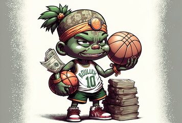 On a white backdrop, a character mascot holding a stack of $100 banknotes and a basketball. Generative AI
