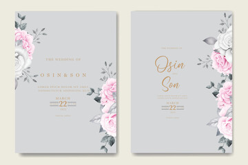Fototapeta na wymiar Watercolor Floral Roses Pink and White Wedding Invitation card