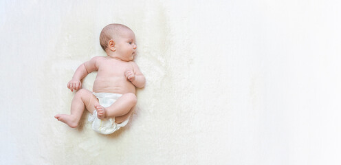 Diaper girl newborn baby banner. Child care white background. Happy cute infant baby in nappy....