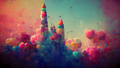 The colorful palace filled with colorful balloons and pink clouds