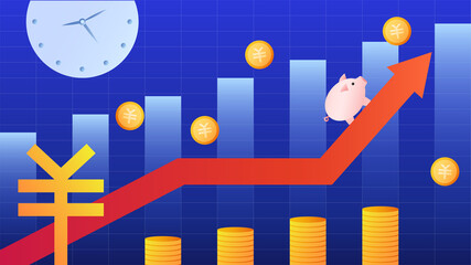 RMB investment finance illustration. Piggy bank crawls on the red upward arrow infront of the histogram. Gold coins some pile up on the floor and other float up high.