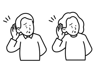 耳が遠い高齢者のイラスト素材セット　線画のみ