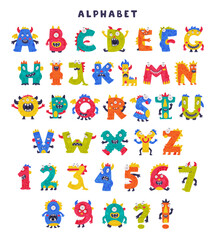 Fototapeta na wymiar Monster Alphabet with Cute Abc Capital Letters and Numbers Vector Set