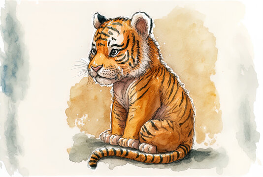 Cartoon seated tiger cub watercolor painting depicting the Chinese New Year's holiday. Generative AI