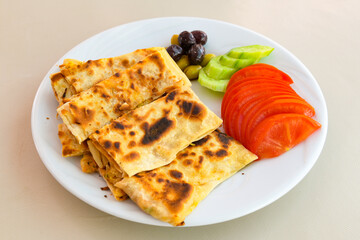 Kiymali pide. Turkish pide with minced meat. Turkish pizza mince pita Pide on white background. Etli ekmek. Kusbasi kasarli pide.