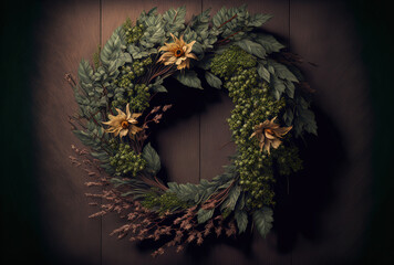 a wreath in botanical green against a wooden backdrop. Generative AI