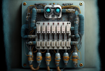 Electrical panel assembly, electrician work, a robot with wires and circuit breakers. Generative AI