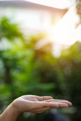 Technology, hand holding with environment Icons over the Network connection on green background.