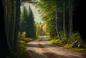 Beautiful image of a midday wooded road. Generative AI