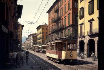 Naklejka na ściany i meble Milan's Navigli Has area in Tramway. Generative AI