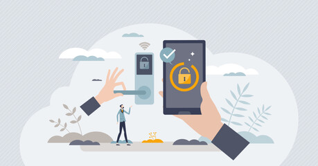 Smart door lock with digital smartphone key access tiny person concept. Lock or unlock house with distant application as automatic entrance control vector illustration. Remote electronic key system.
