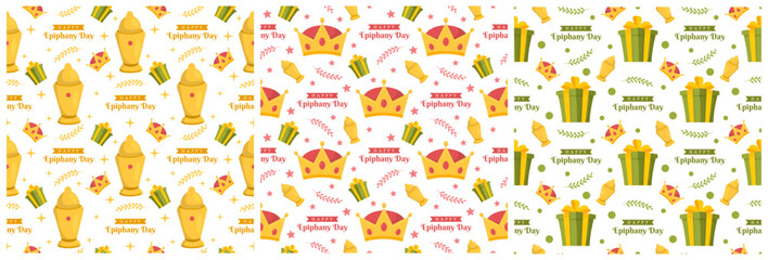 Set of Happy Epiphany Day Seamless Pattern Design Christian Festival to Faith in Template Hand Drawn Cartoon Flat Illustration