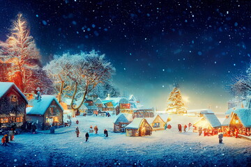 Decorated house with christmas lights illustration Winter Village Landscape. Christmas Holidays.