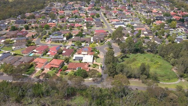 Aerial drone view of Voyager Point in South West Sydney, NSW Australia showing development of housing and parks  