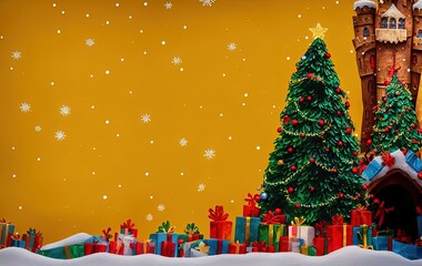 Christmas tree and gifts on yellow background with copy space in generative AI