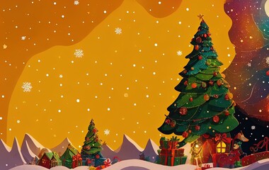 Christmas tree and gifts on yellow background with copy space in generative AI