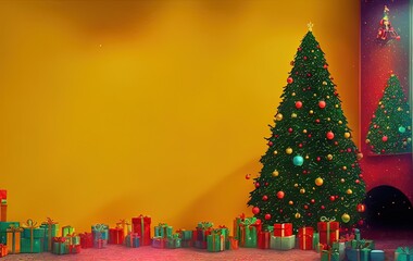 Christmas tree and gifts on yellow background with copy space in generative AI