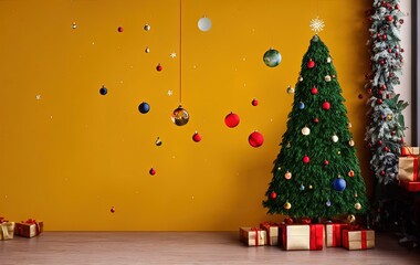 Christmas tree and gifts on yellow background with copy space in generative AI