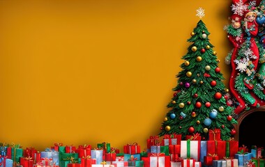 Christmas tree and gifts on yellow background with copy space in generative AI