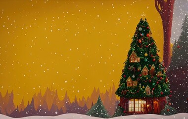 Christmas tree and gifts on yellow background with copy space in generative AI