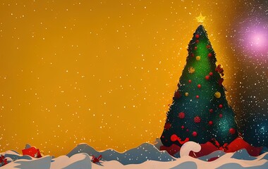Christmas tree and gifts on yellow background with copy space in generative AI