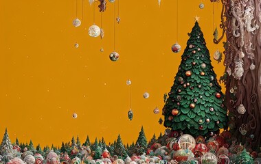 Christmas tree and gifts on yellow background with copy space in generative AI