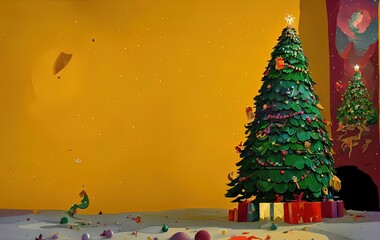 Christmas tree and gifts on yellow background with copy space in generative AI