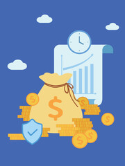 Money bag with dollars and histogram isolated on blue background. Insurance investment and finance vector illustration.