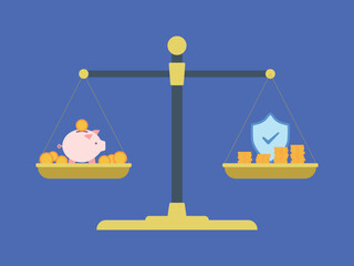 Piggy bank, gold icons and shied on the balance. Insurance investment and finance vector illustration.