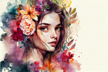 Portrait of beautiful woman with a flowers, beautiful abstract painting, smudge, drips, spattered. Colorful creative illustration generated by Ai
