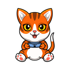 Cute orange tabby cat cartoon holding food bowl