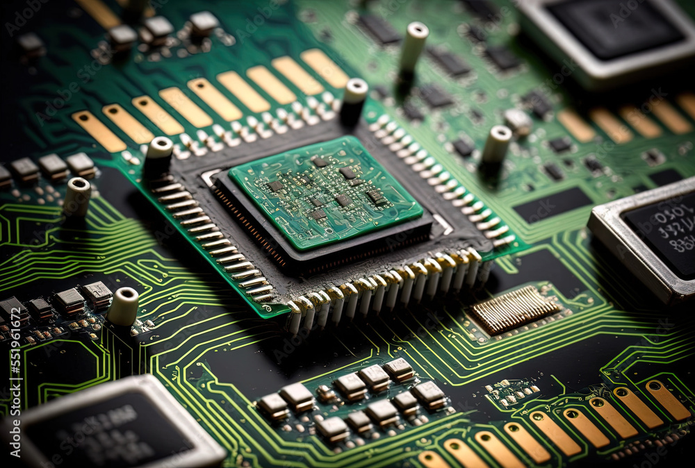 Poster computer chip in closeup on a section of an electronic printed circuit board. generative ai
