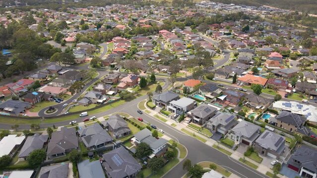 Aerial drone view of Voyager Point in South West Sydney, NSW Australia showing development of housing and parks  