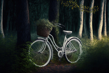 White bicycle in the forest. Generative AI