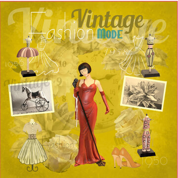 Affiche vintage Chanteuse en robe rouge. Accéssoires et ancien et fashion. Image romantique et nostalgique d"autrefois.