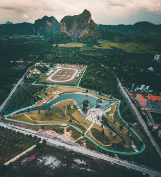 Aerial view of a park looking like a sword fish in Krabi, Thailand