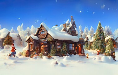 house and trees in the snow in generative AI