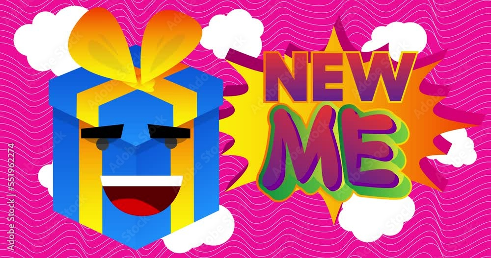 Poster smiling gift box cartoon character with new me text in speech bubble.