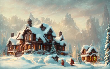 house, trees and mountains in the snow in generative AI