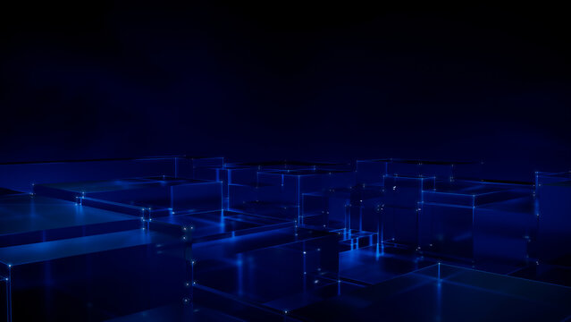 Neural Network. Intelligent Smart Grid And AI Concept With Copy Space. Blue Tech Background. 3D Render.